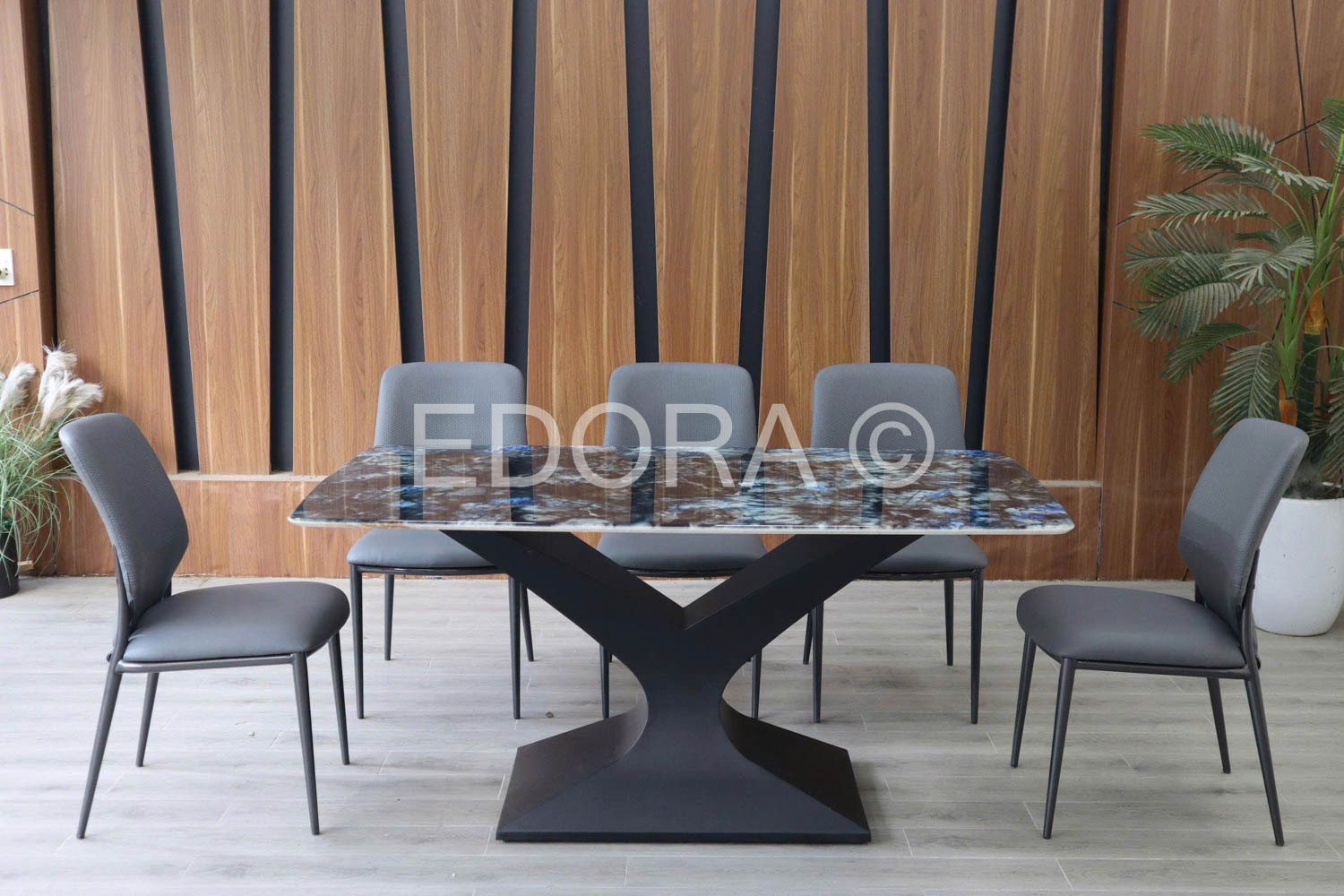 Bộ bàn ăn xám chữ Y đá vân đen BK007