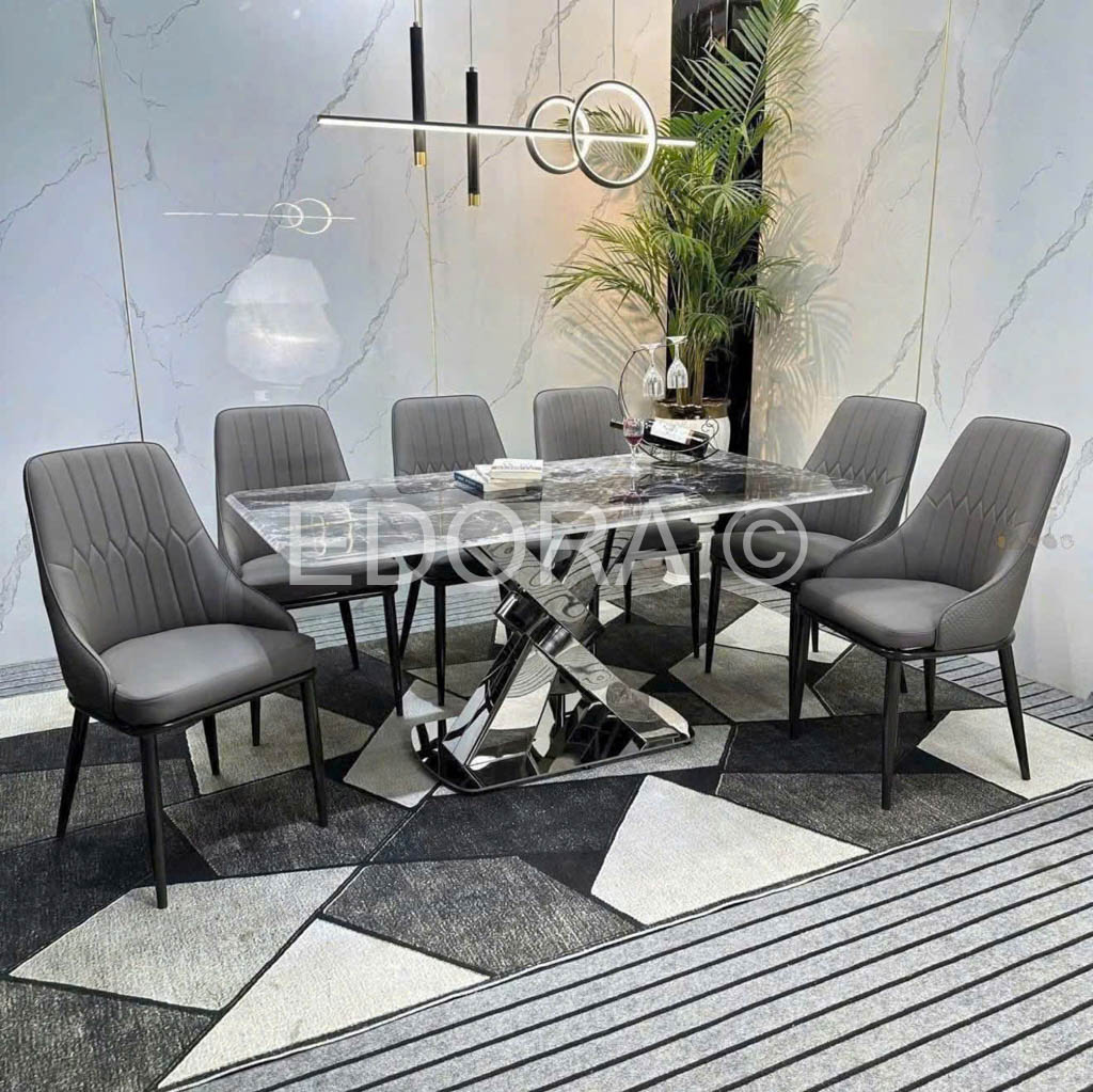 Bàn ăn chân inox tráng bạc cao cấp 6 ghế BA015