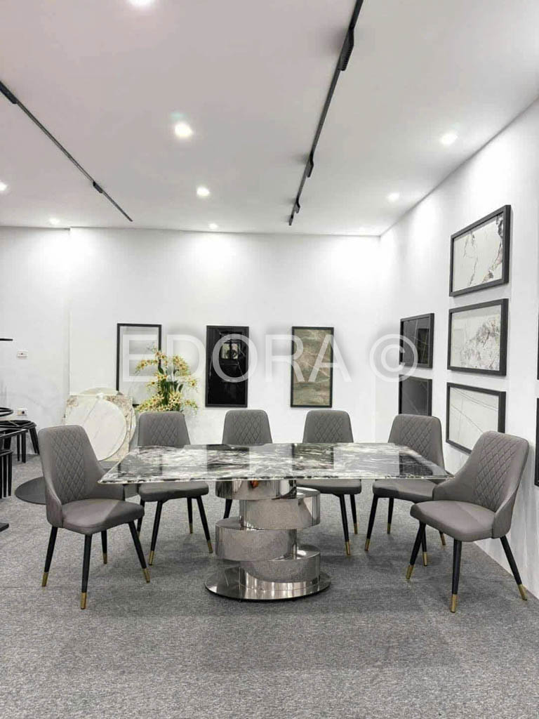 Bàn ăn Đá Vi Tinh 1m8 chân inox tráng bạc BA019