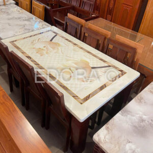 Bàn ăn gỗ tự nhiên mặt đá hoa Sen dày chân to LST018