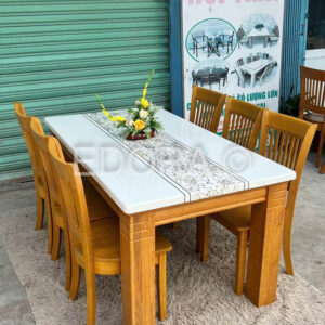 Bàn ăn gỗ mặt đá dày 3cm họa tiết đẹp LTS006