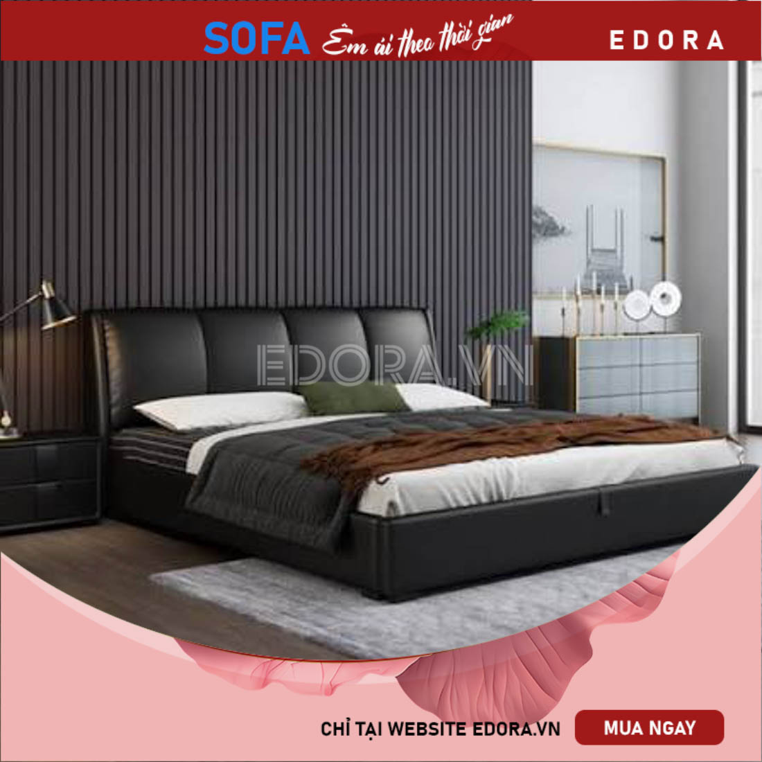 Giường ngủ bọc da đen sạch sẽ GU002