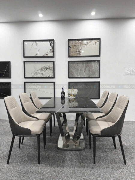 [BA058] Bộ bàn ăn chân inox V mặt vi tinh thể 1m6