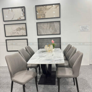 [BA70] Bộ bàn ăn 6 ghế da xám bàn đá 1m6