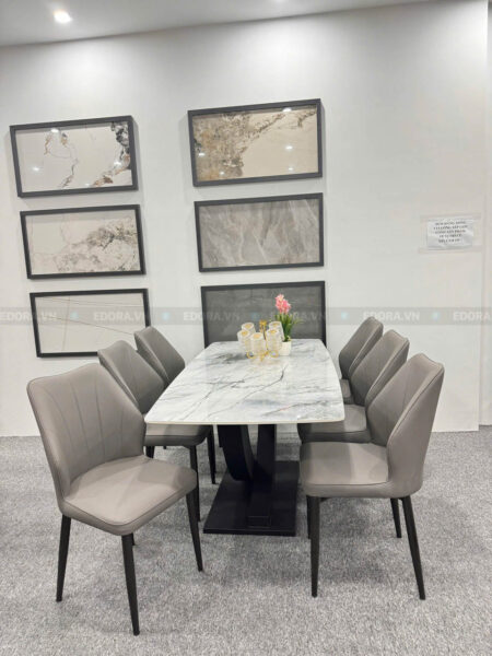 [BA70] Bộ bàn ăn 6 ghế da xám bàn đá 1m6